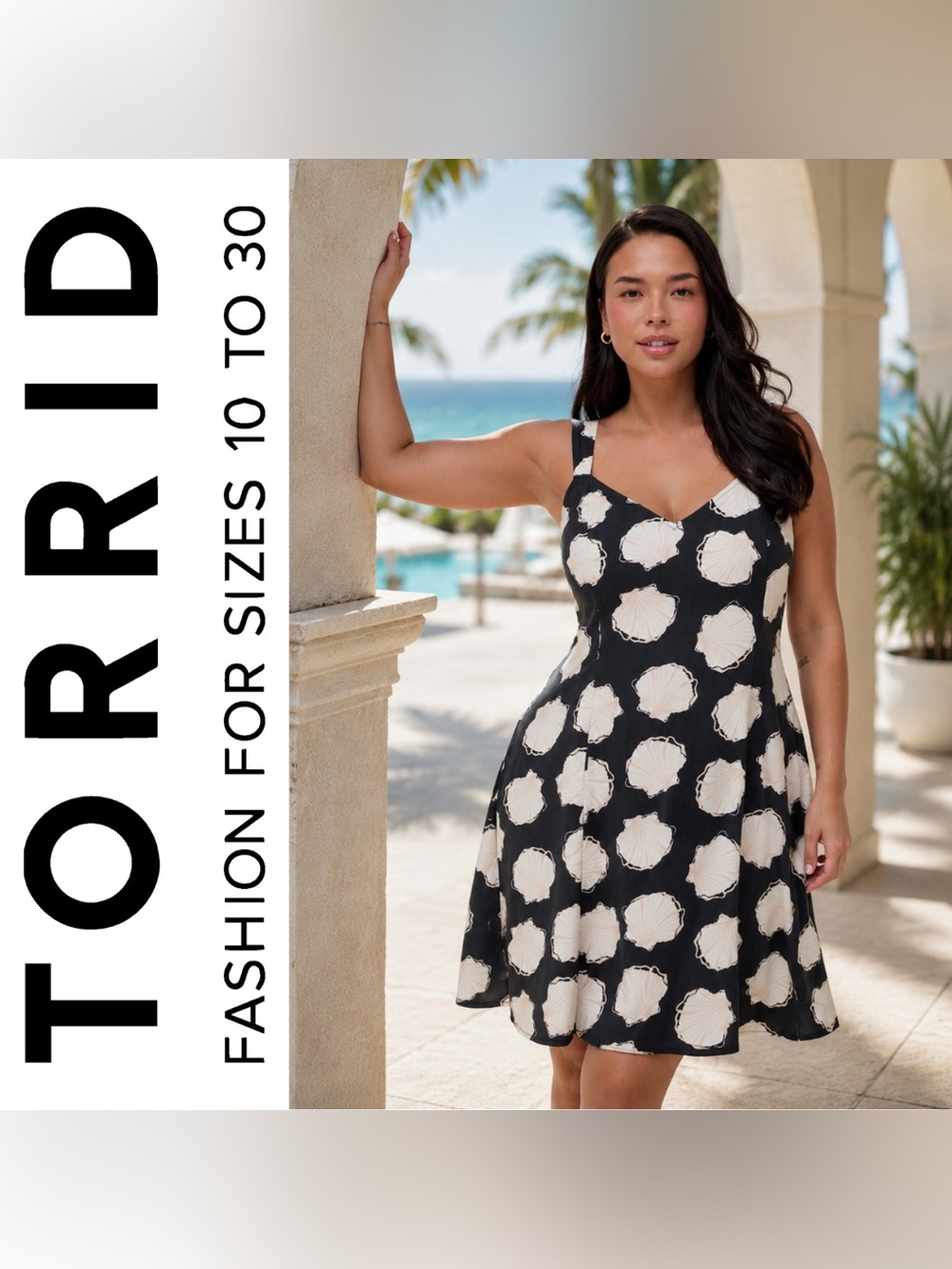 Torrid Black & Cream Sketched Seashells V-Cut Mini Summer Dress, 1X, NWT!